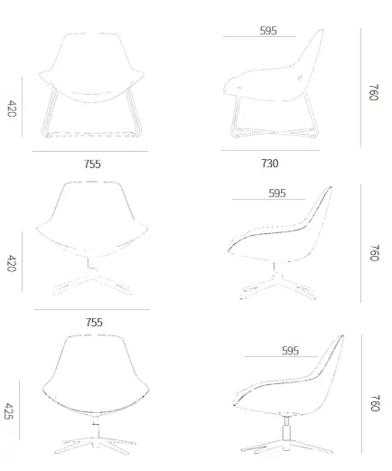 Dimension drawing for the Lutie armchair