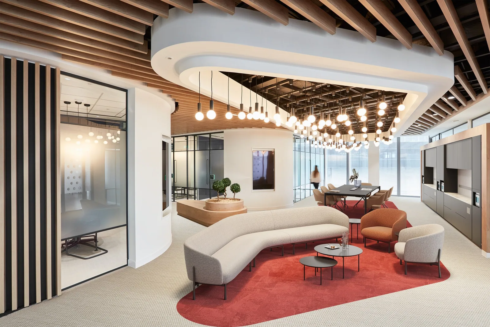 Reception and breakout seating in an office lounge