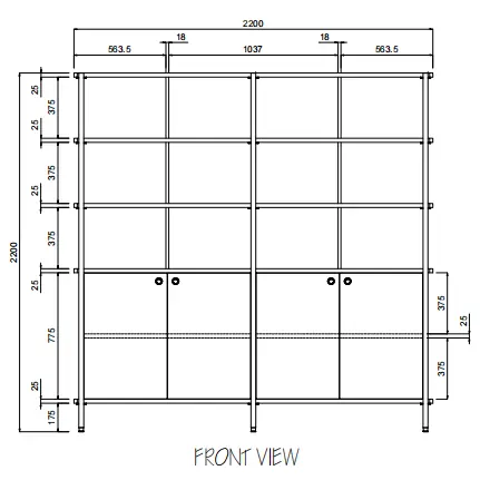 Dimension drawing for the FLEX Cabinet shelving