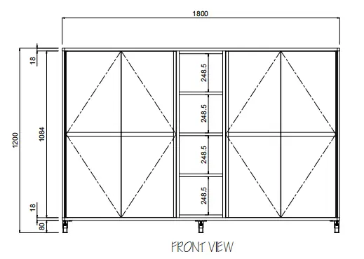 Dimension drawing for the FLEX Executive desk hutch credenza